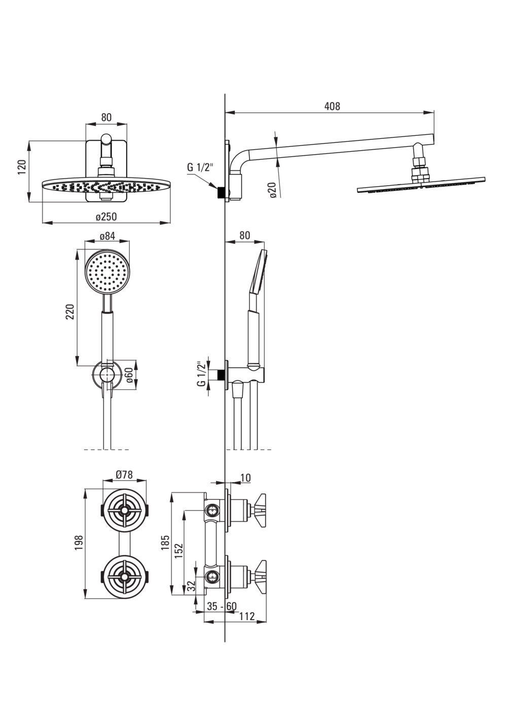 Temisto brass falon belüli zuhanyszett